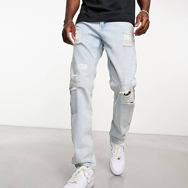 WESC Teddy slim tapered jeans with rips in light blue | ASOS