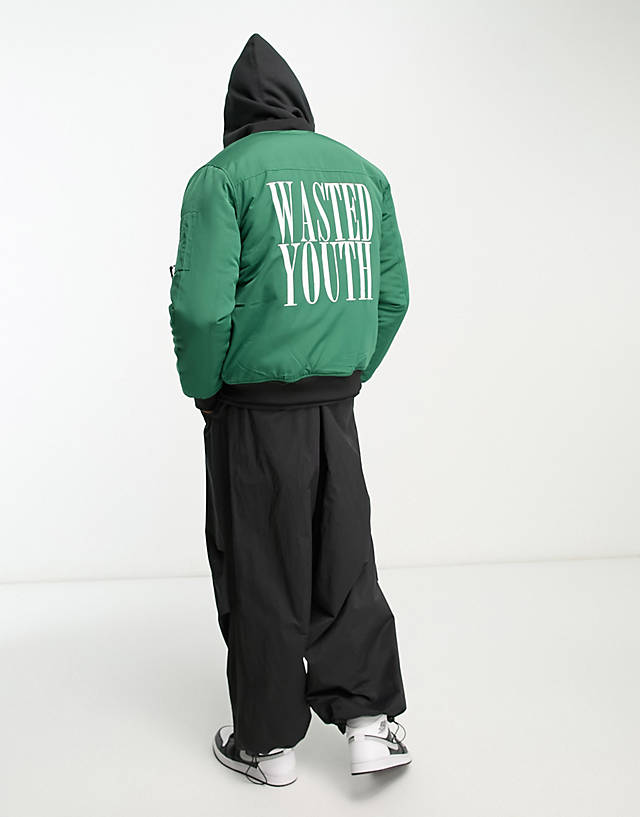 WESC - wasted youth logo print bomber in green