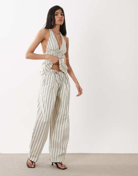 WeWoreWhat adjustable waist pants in brown and ivory stripe (part of a set) - view 1