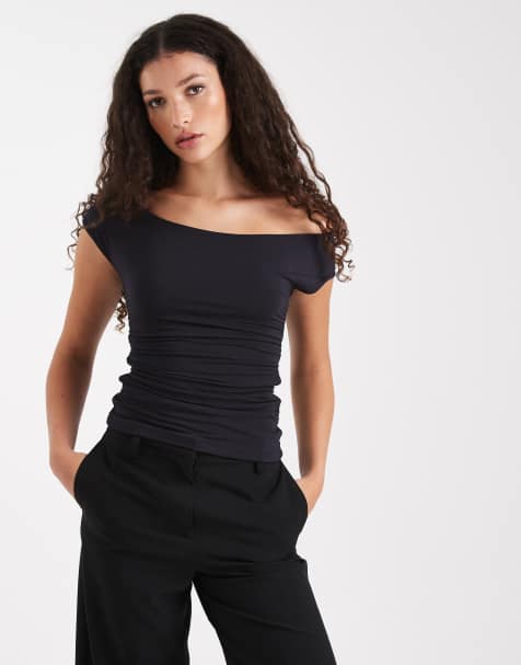 WeWoreWhat asymmetric ruched off shoulder crop top in black - view 1
