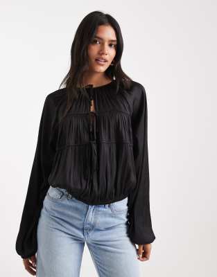Blouse nouée devant à manches cocon - Noir S