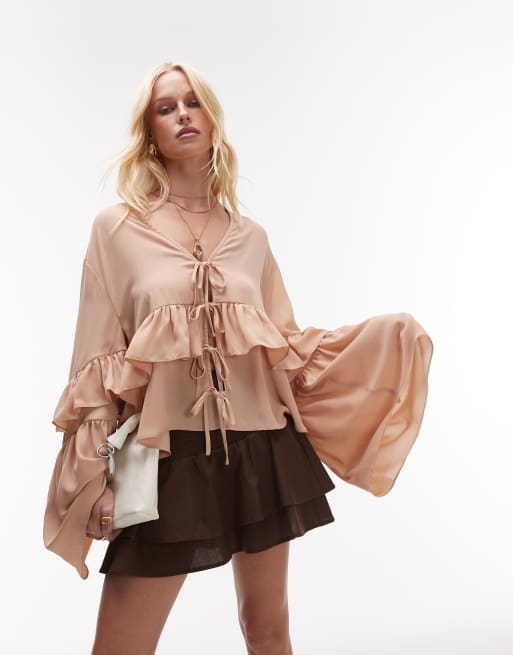 WeWoreWhat - Blusa color mandorla con volant e laccio sul davanti