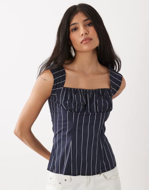 WeWoreWhat cap sleeve ruched cup corset in navy, 2 of 4