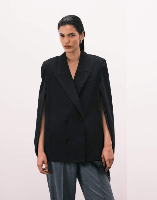 WeWoreWhat cape sleeve double breasted blazer in black, 3 of 4
