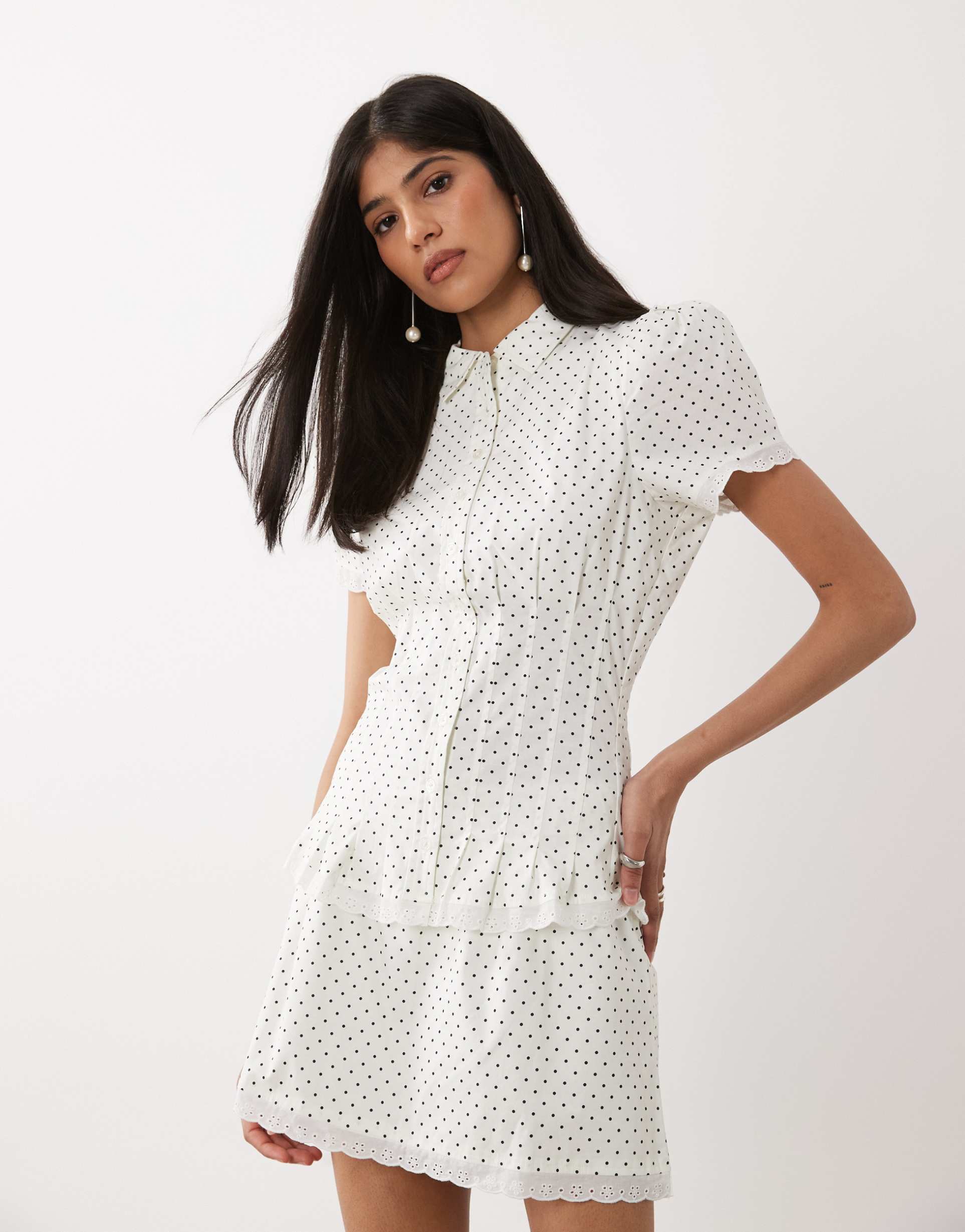 weworewhat cinched button up top in white polka dots
