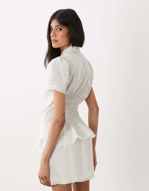 WeWoreWhat cinched button up top in white polka dots , 3 of 4