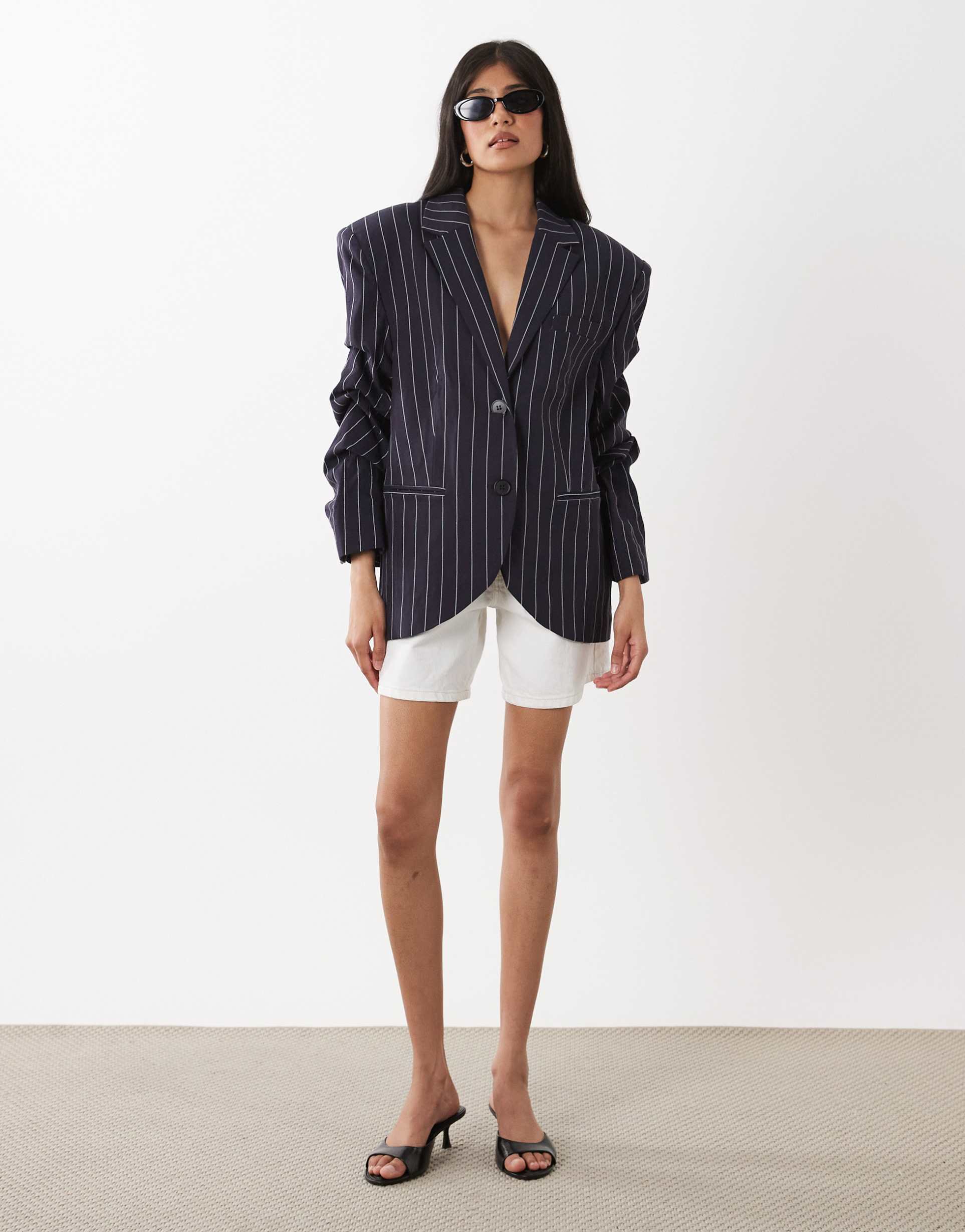 weworewhat cinched sleeve boxy blazer in navy