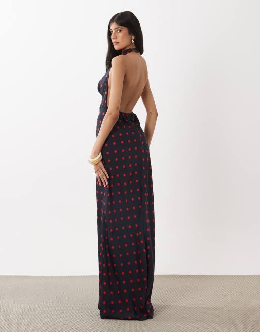 WeWoreWhat cowl halter maxi dress in polka dot navy, 4 of 4