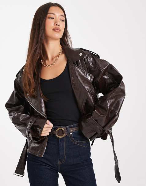 WeWoreWhat cropped croc moto jacket in dark brown