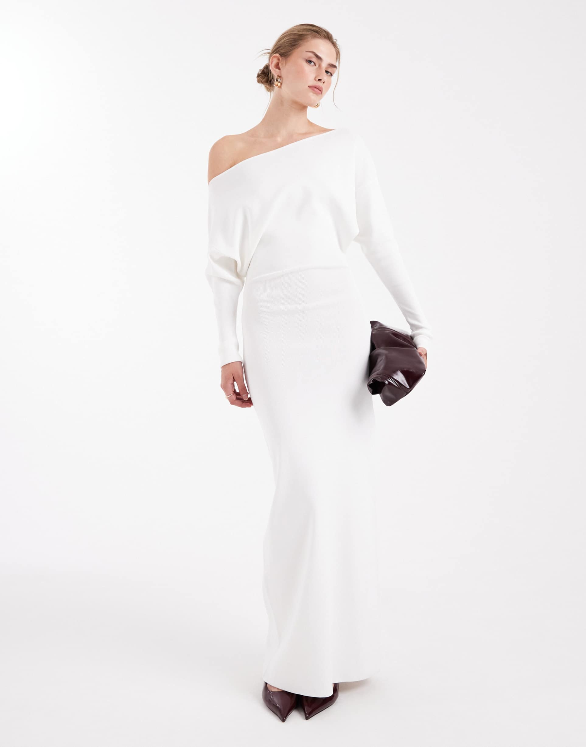 weworewhat fine knit asymmetric off the shoulder maxi dress in white