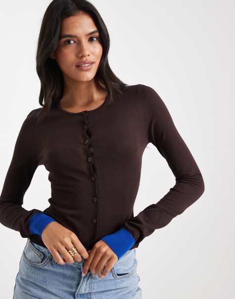 WeWoreWhat fine knit fitted cardigan in coffee with blue cuffs - view 1