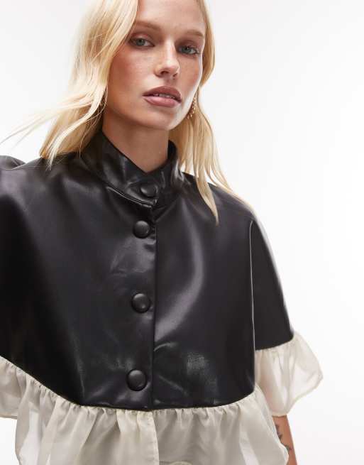 WeWoreWhat high neck button up cape in black and sand