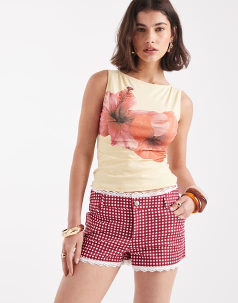 WeWoreWhat low rise hot pants with lace trim in red gingham - view 1