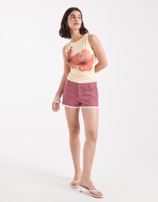 WeWoreWhat low rise hot pants with lace trim in red gingham, 3 of 5