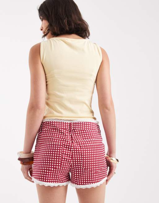 WeWoreWhat low rise hot pants with lace trim in red gingham, 5 of 5