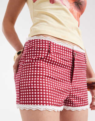 Weworewhat Low Rise Micro Shorts With Lace Trim In Red