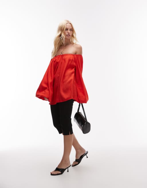 WeWoreWhat off shoulder balloon sleeve top in red, 2 of 4