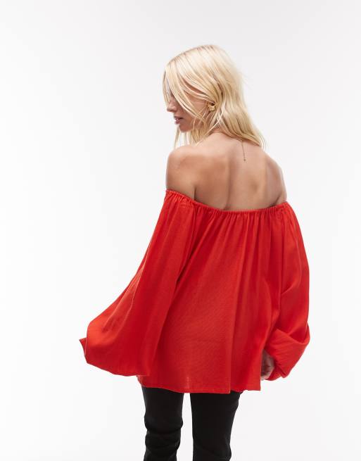 WeWoreWhat off shoulder balloon sleeve top in red, 3 of 4