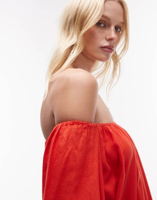 WeWoreWhat off shoulder balloon sleeve top in red, 4 of 4