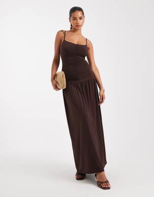 Robe longue froncée à encolure dégagée - Marron-Brown XS