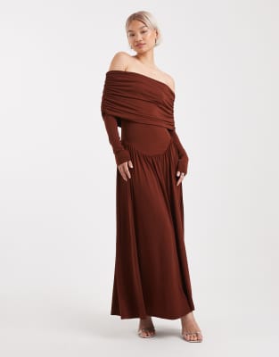 Robe mi-longue à encolure bardot froncée - Bordeaux-Rouge L