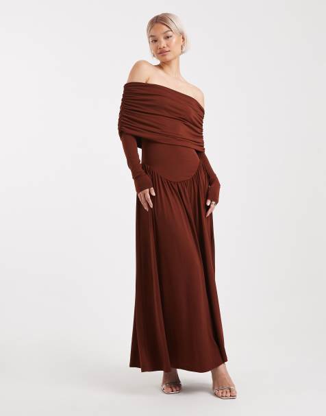 WeWoreWhat ruched bardot midi dress in burgundy - view 1