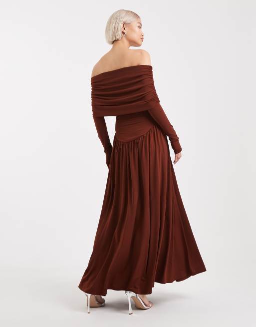 WeWoreWhat ruched bardot midi dress in burgundy, 4 of 4
