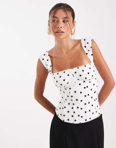 WeWoreWhat ruched cup corset top in black and white polka dot - view 1