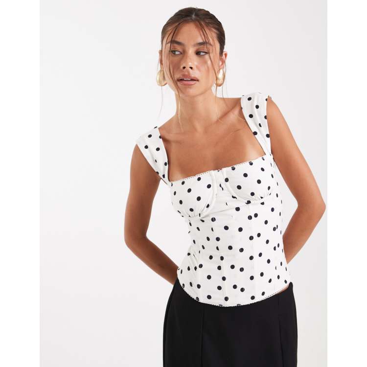 WeWoreWhat ruched cup corset top in black and white polka dot