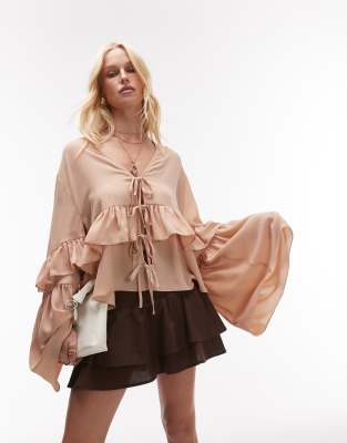 Weworewhat Ruffle Detail Tie Front Blouse In Neutral