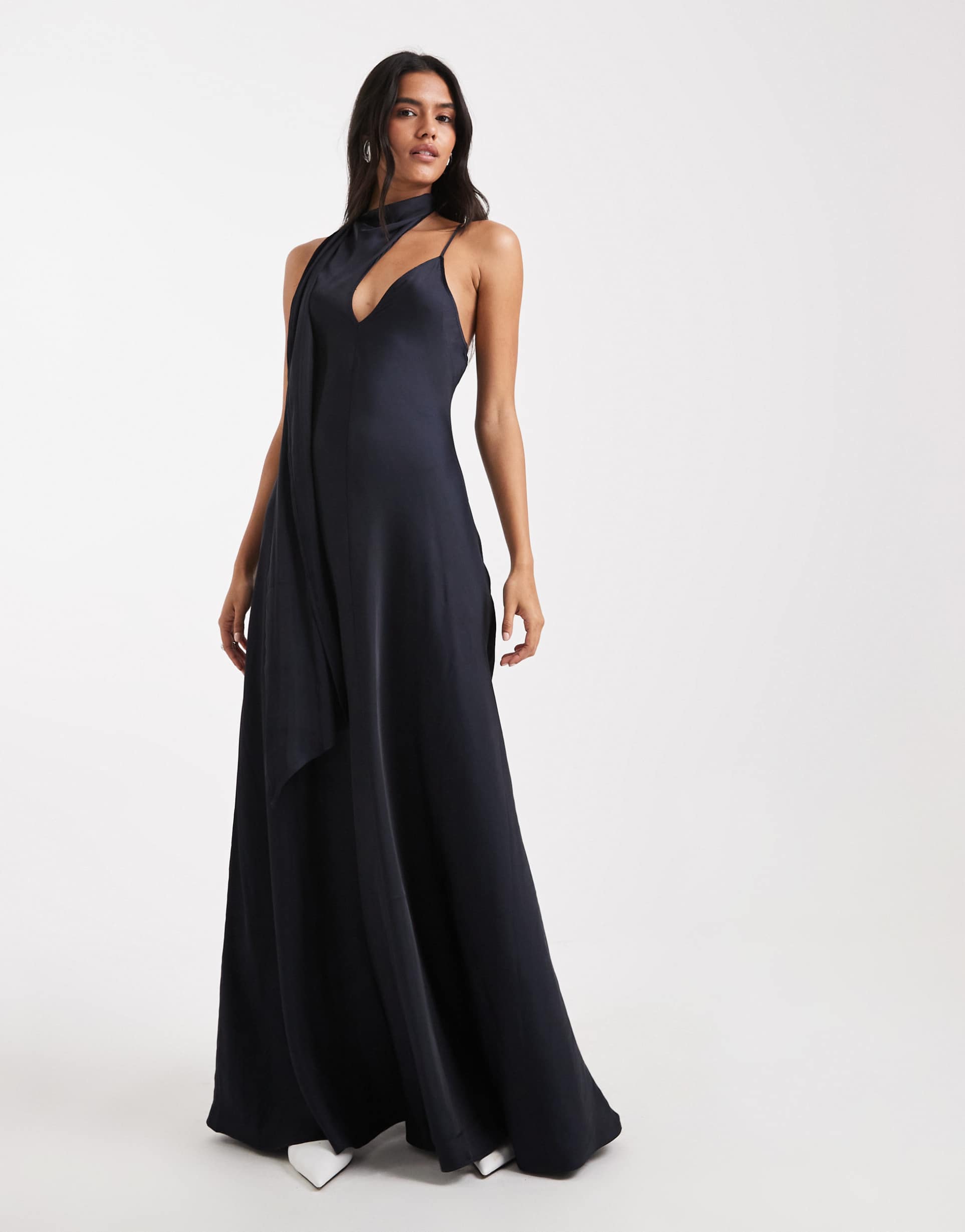 weworewhat scarf neck detail slip maxi dress in navy