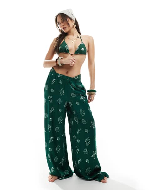 WeWoreWhat seashells wide leg beach trousers in sea green - view 1