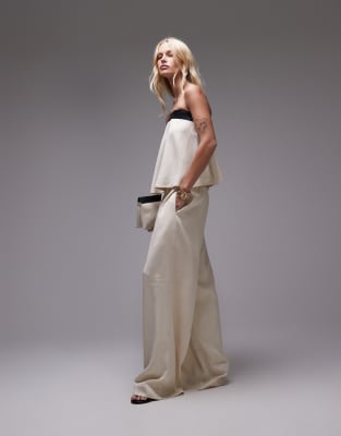 WeWoreWhat straight leg trousers with contrast waist in taupe-Neutral