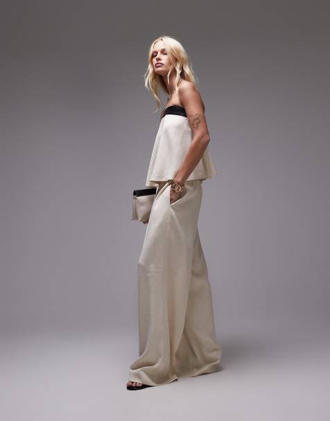 WeWoreWhat straight leg trousers with contrast waist in taupe