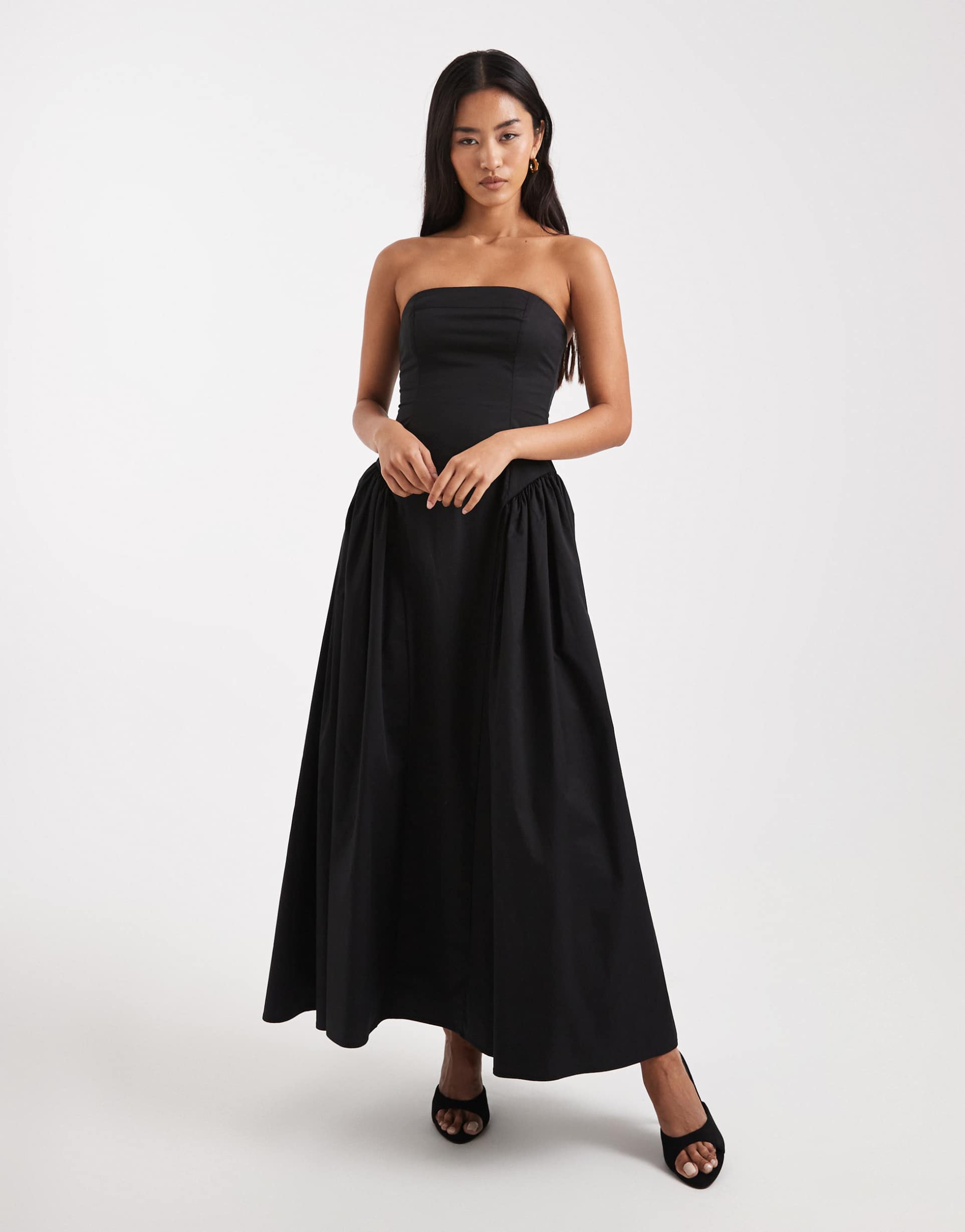 weworewhat strapless structured dropped waist midaxi dress in black