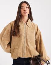 Topshop faux leather drop shoulder cropped zip thru jacket in chocolate