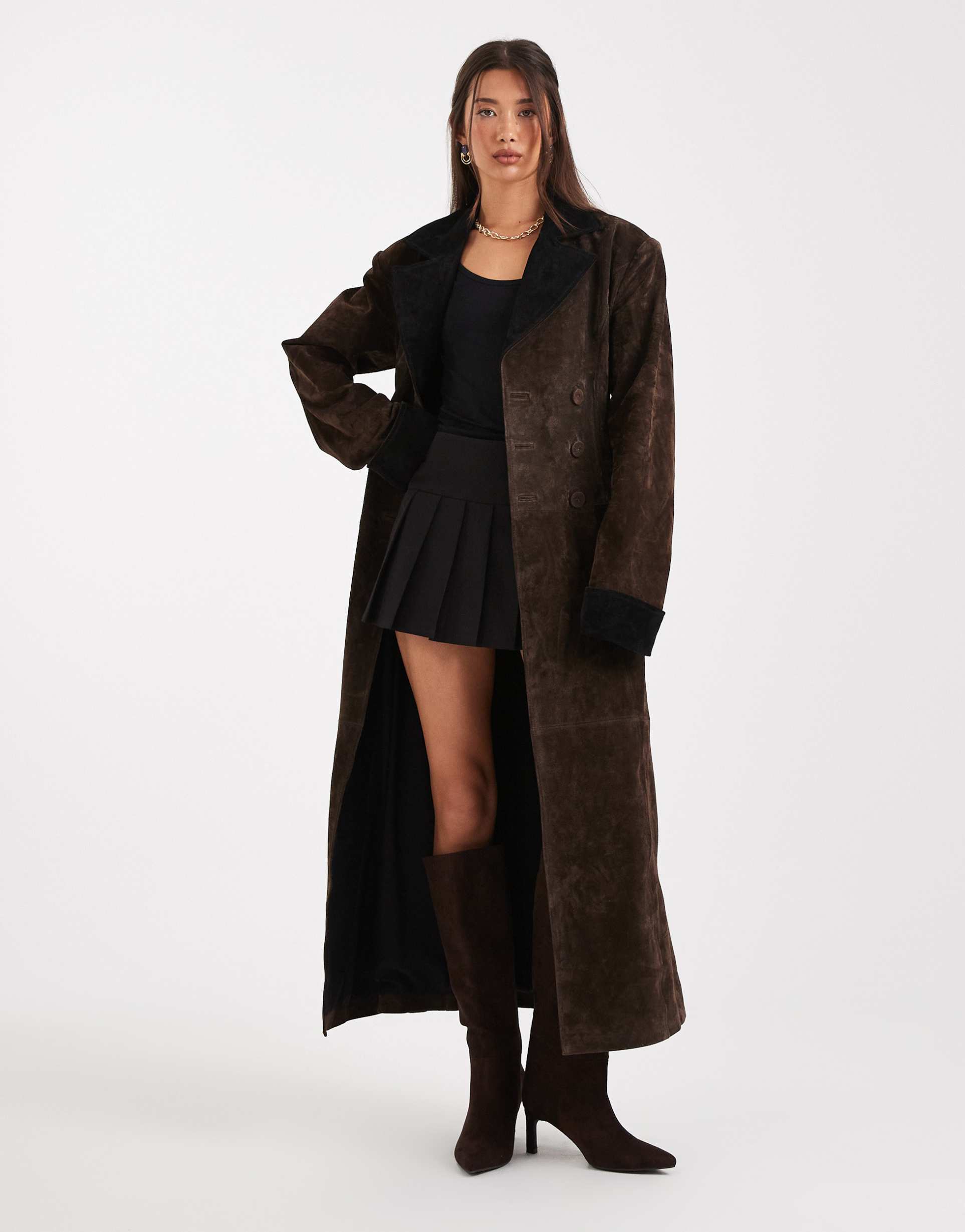 weworewhat suede double breasted longline coat in chocolate