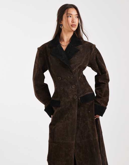 WeWoreWhat suede double breasted longline coat in chocolate