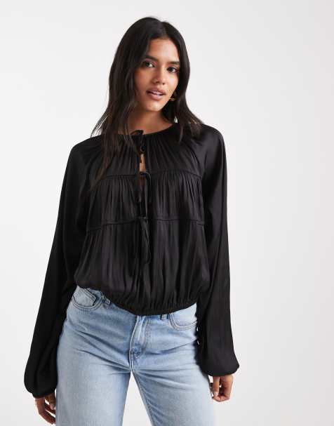 WeWoreWhat tie front cocoon sleeve blouse in black - view 1