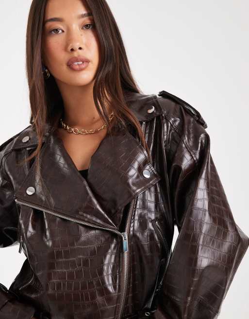 WeWoreWhat - Veste de moto courte effet croco - Marron foncé, 3 de 4