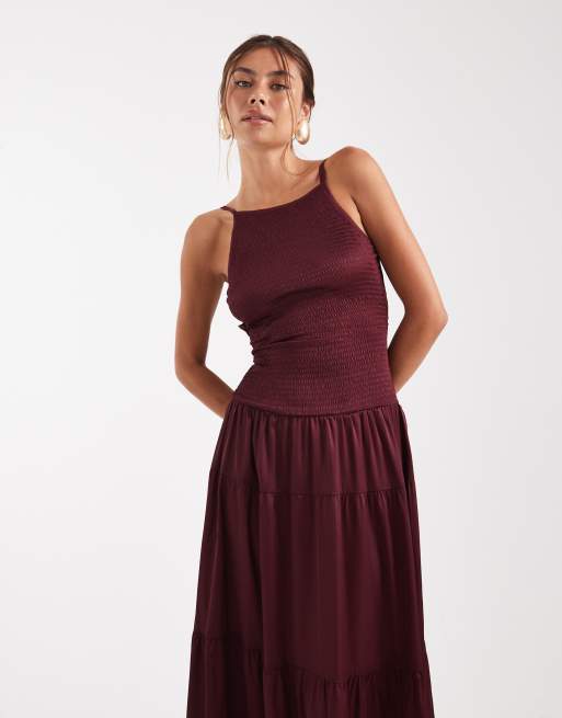 WeWoreWhat - Vestito punto smock lungo color prugna con vita scesa, 2 di 4