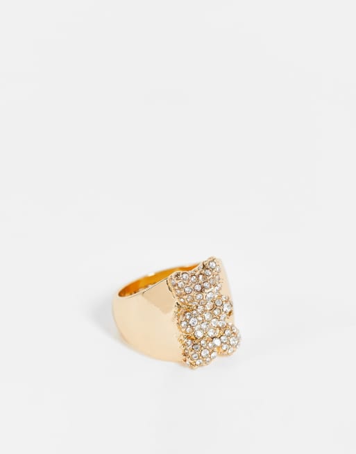 WFTW - Anello con sigillo color oro con orsetto in cristalli