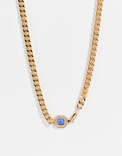 WFTW blue stone clasp chain necklace in gold