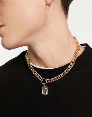 WFTW chunky curb choker with crystal pendant in gold