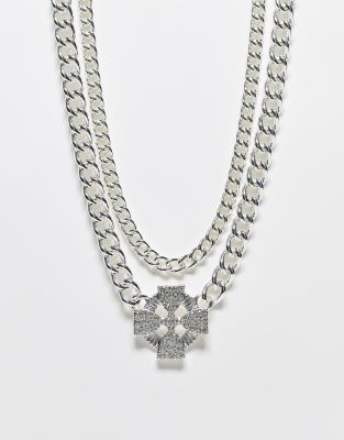 WFTW - Collana con catena barbazzale a più strati color argento con croce in cristalli