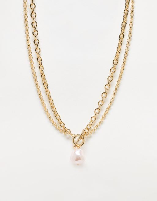WFTW - Collana doppio filo a catenina color oro con perla rosa e chiusura a T