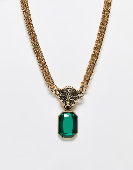 WFTW - Collier chaîne avec pendentif léopard et pierre verte - Doré