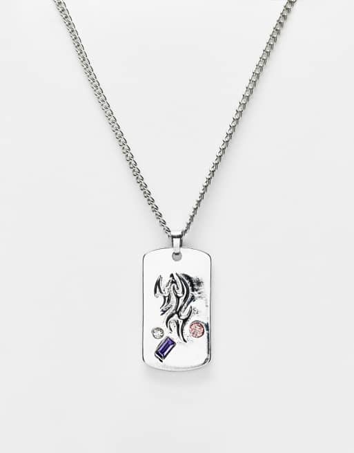 WFTW - Collier style plaque d'identité militaire avec cristaux - Argenté