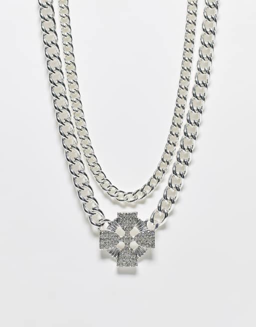 WFTW - Collier superposé à maillons gourmette avec croix ornée de cristaux - Argenté
