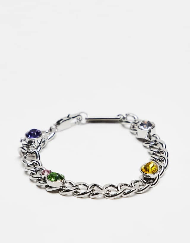 WFTW curb chain bracelet with crystal gem stones in silver